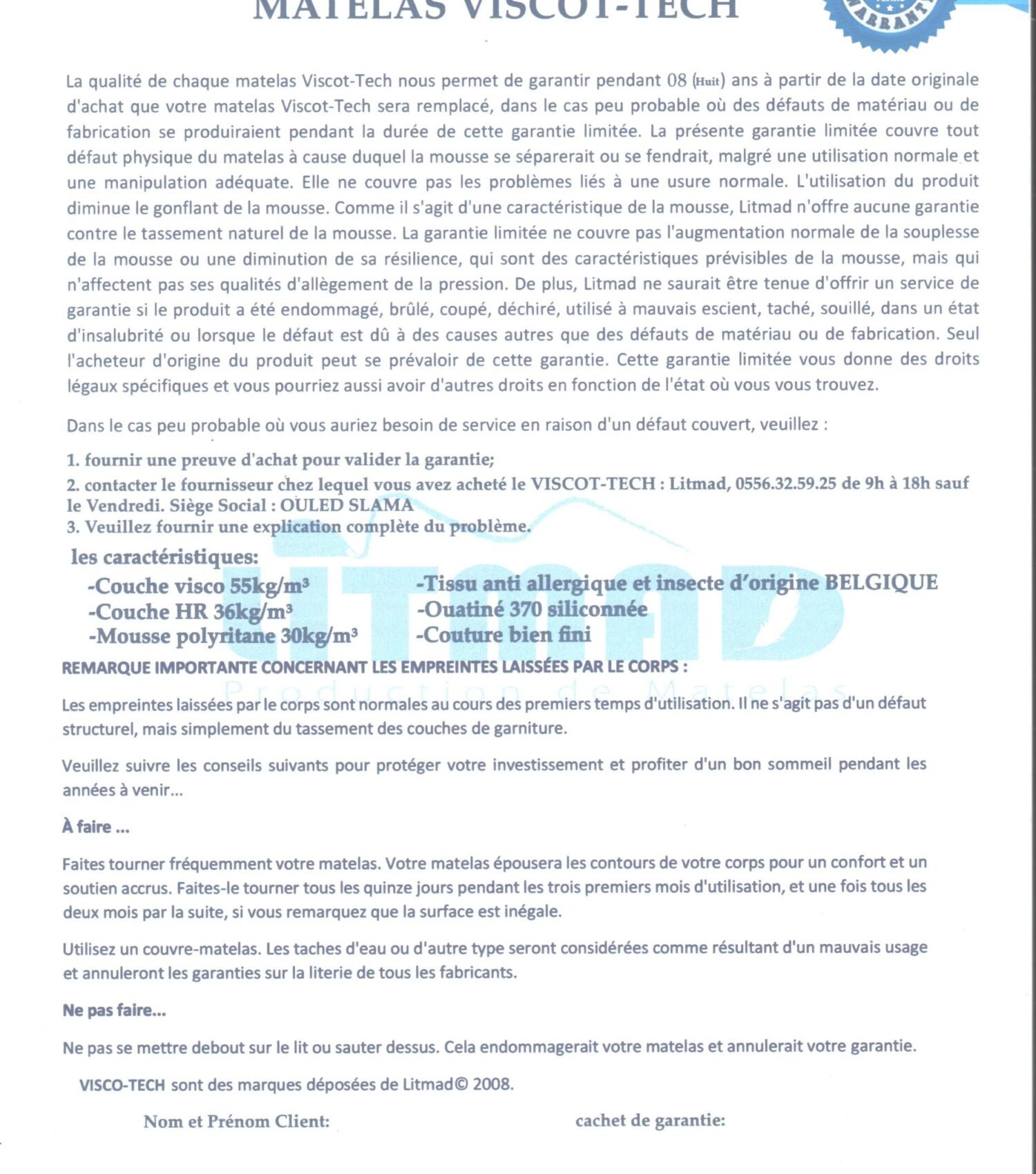 Garantie Matelas LITMAD VISCOT-TECH
